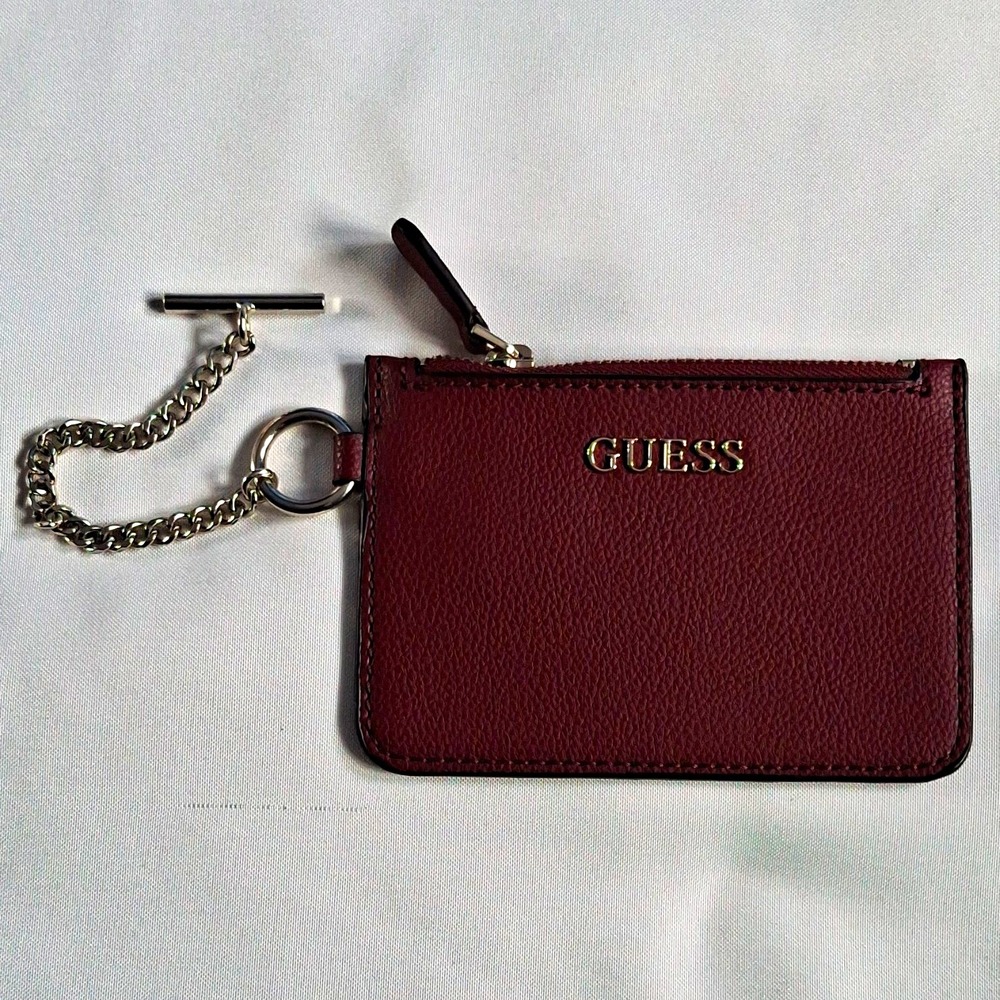 GUESS Women's Burgundy Zip-Around Card Wallet w/ Logo, Chain Keyring, Zipper